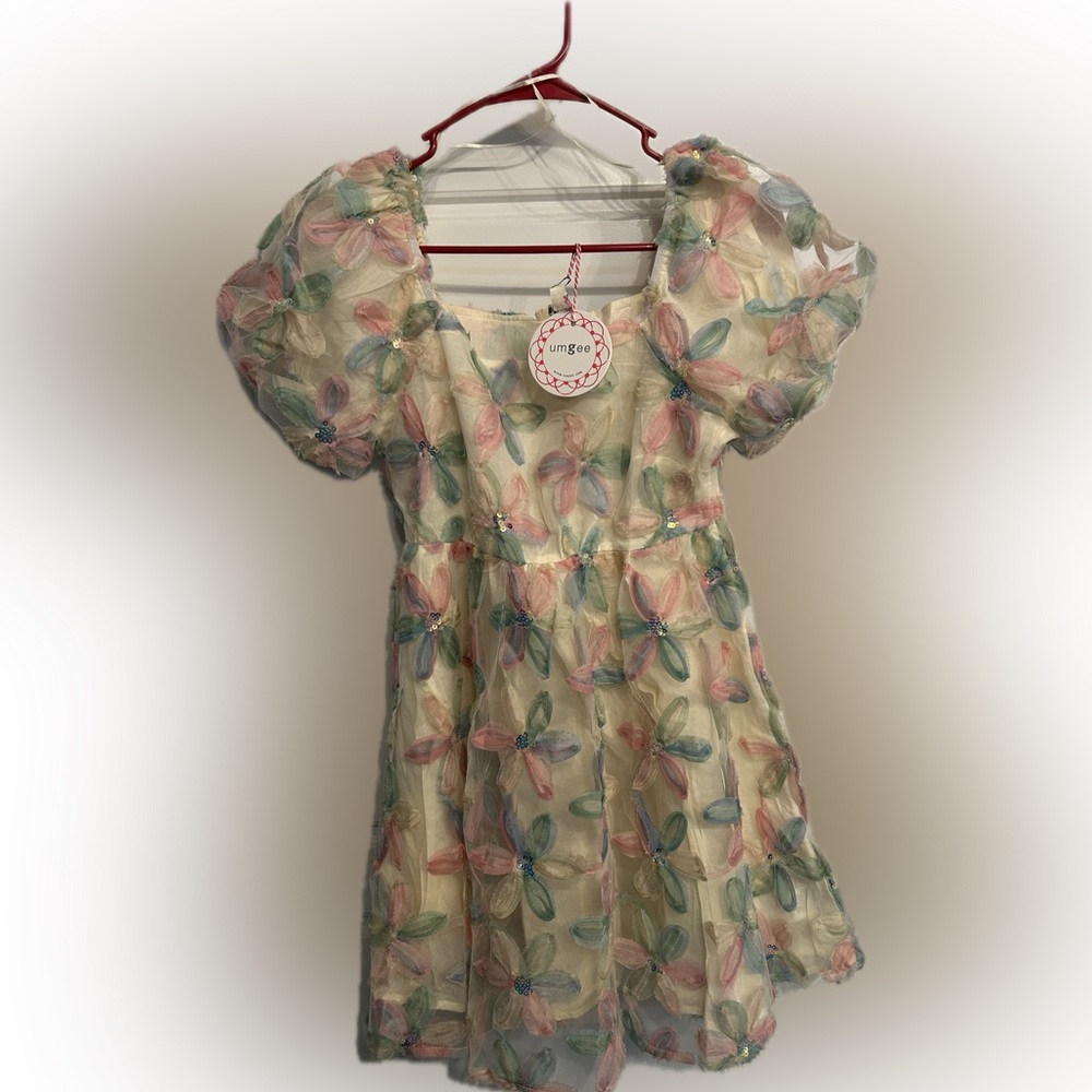 Umgee Cream Organza Dress with Pastel Pink Blue & Green Floral Appliqués